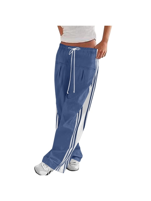 Women's Striped Track Pants Straight Wide Leg Streetwear Athletic Lightweight Trousers with Pockets