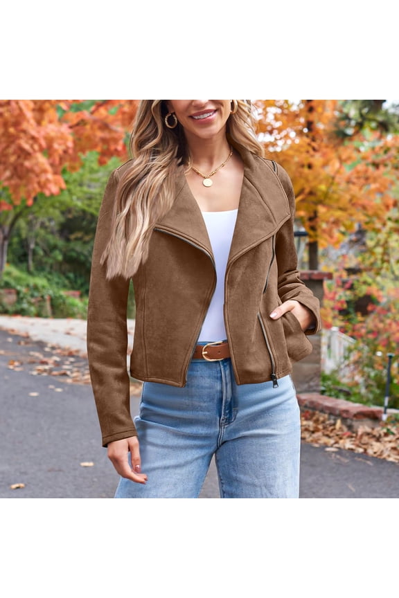 Women's Suede Moto Jacket Long Sleeve Zip Up Open Front Cropped Coat Outerwear with Pockets Y2K Fall Fashion Outfits