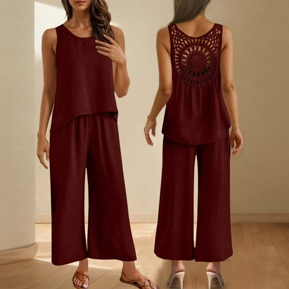 Karight Women's Summer 2 Piece Outfits Set Round neck Sleeveless Tank Crop Top Wide Leg pants Set Pockets Jumpsuits