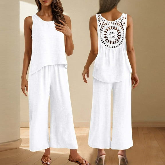 Karight Women's Summer 2 Piece Outfits Set Round neck Sleeveless Tank Crop Top Wide Leg pants Set Pockets Jumpsuits