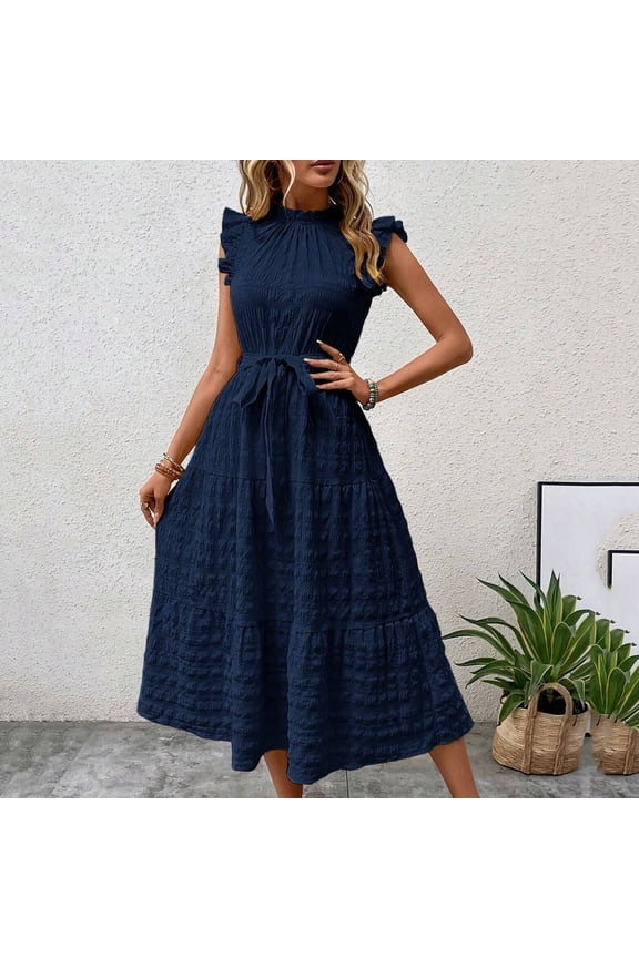 Women's Summer Cap Sleeve Textured Dress Ruffled Neck Waist Tie Knot Midi A-line Dress