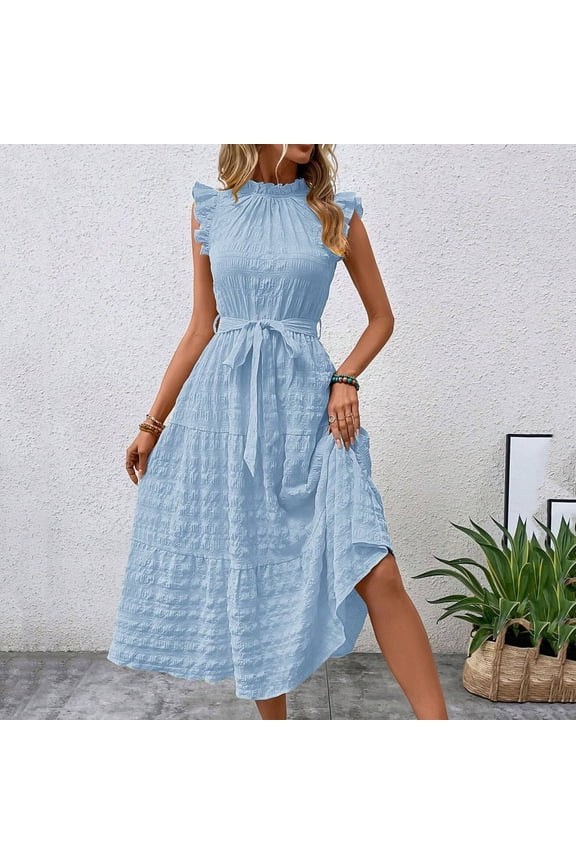 Women's Summer Cap Sleeve Textured Dress Ruffled Neck Waist Tie Knot Midi A-line Dress