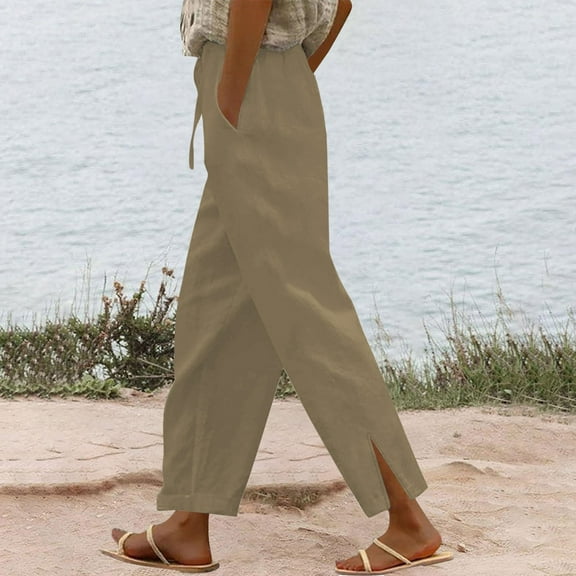 Karight Women's Summer Cotton Linen Drawstring High Waist Wide Leg Long Pants Trousers with Pocket Khaki
