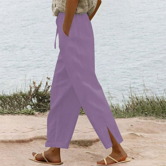 Karight Women's Summer Cotton Linen Drawstring High Waist Wide Leg Long Pants Trousers with Pocket Purple