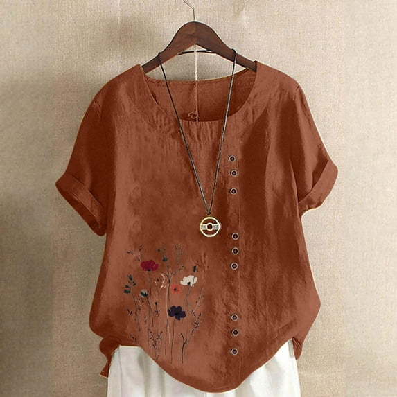 Karight Women's Summer Cotton Linen Tops Casual Short Sleeve Round Neck T Shirts Oversized Dandelion Print Graphic Tees