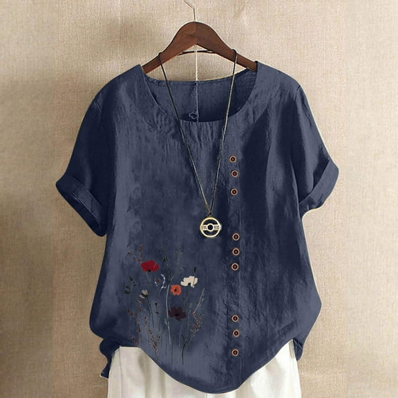 Karight Women's Summer Cotton Linen Tops Casual Short Sleeve Round Neck T Shirts Oversized Dandelion Print Graphic Tees