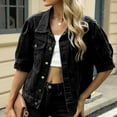 thumbnail image 1 of Karight Women's Summer Short Sleeve Denim Jacket Top Loose Washed Distressed Button Down Jean Jackets, 1 of 9