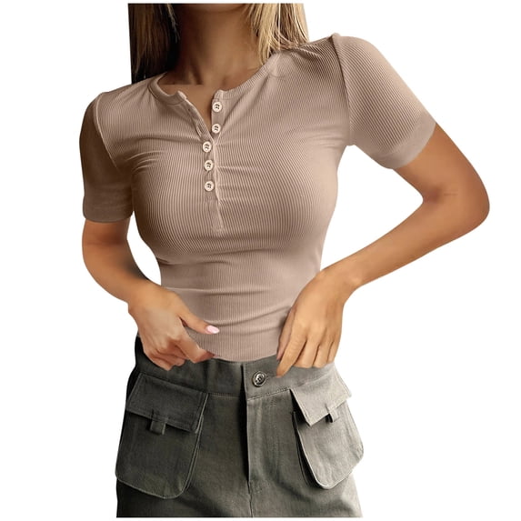 Karight Women's Summer Tops Short Sleeve Shirts Ribbed Knit Henley Button Up T Shirts Slim Fit Casual Basic Tee