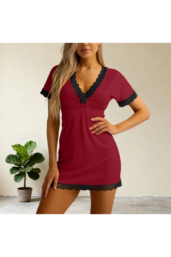 Women's Sweet Lace Trim V Neck Ribbed Nightgown Cute Short Sleeve Sleep Dress with Ruffle Details