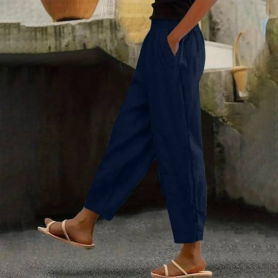 Karight Women's Tapered Pants Summer Linen Drawstring Back Elastic Waist Ankle Length Pants Navy