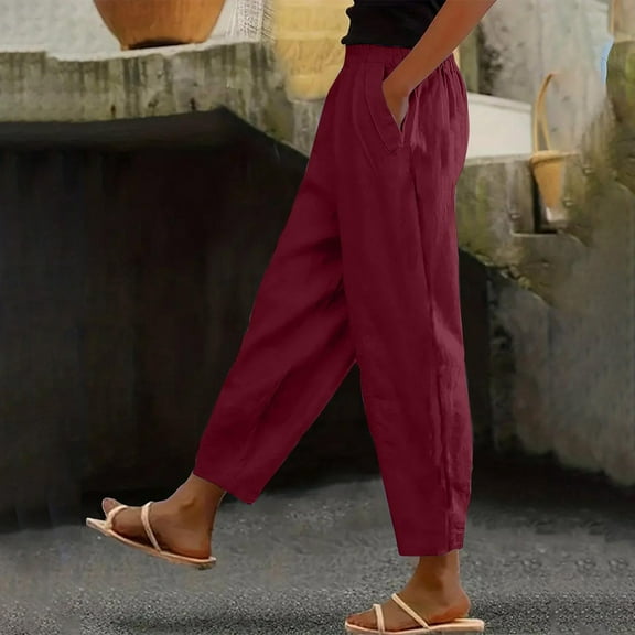Karight Women's Tapered Pants Summer Linen Drawstring Back Elastic Waist Ankle Length Pants Wine