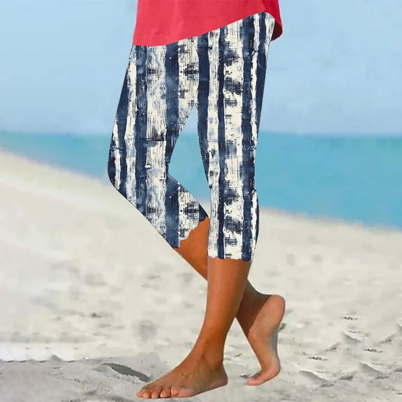 Karight Women's Tribal Plants Printed Low Waist Button Decor Capris Pants Casual Summer Vacation Pants with Pockets