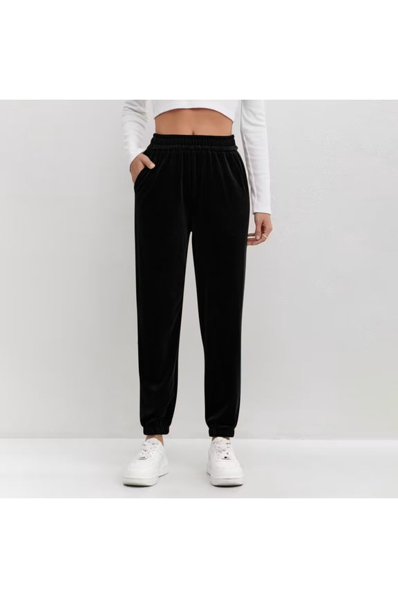 Women's Velour Pants Soft Velvet Straight Leg Sweatpants Elastic Waist Warm Lounge Pant with Pockets