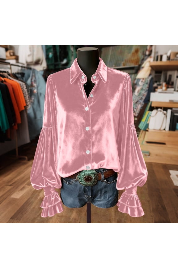 Women's Velvet Button-Down Blouse Lantern Sleeves Lapel Neck Tunic Renaissance Elegance Loose Fit Ruffle Dressy Casual Top