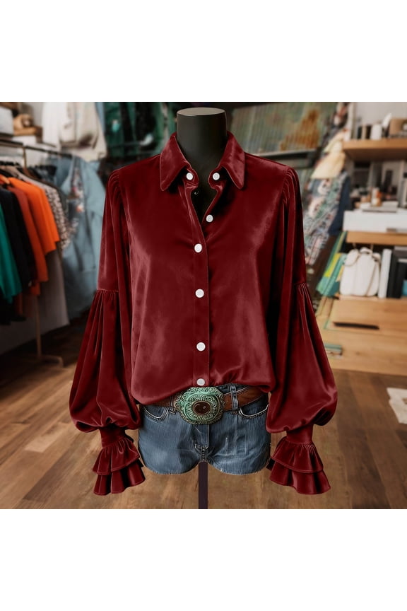 Women's Velvet Button-Down Blouse Lantern Sleeves Lapel Neck Tunic Renaissance Elegance Loose Fit Ruffle Dressy Casual Top