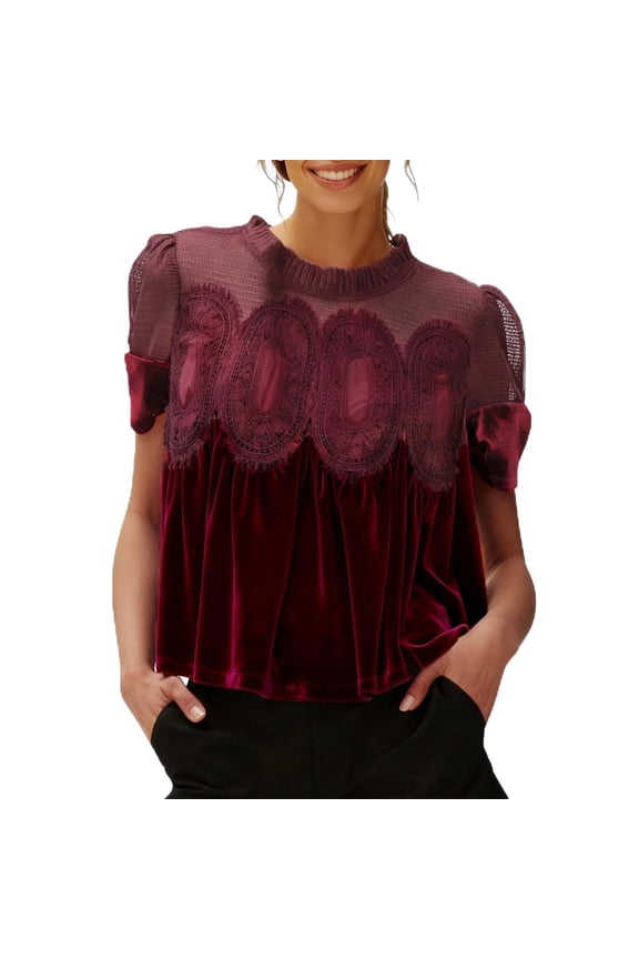 Women's Velvet Lace Blouse Casual Round Neck Short Sleeve Flared Swing Top Elegant Loose Intricate Back Design