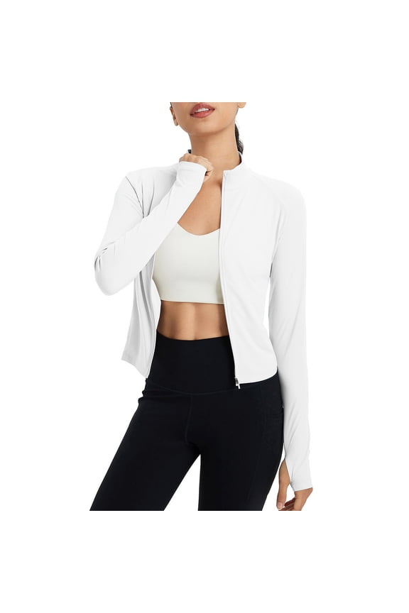 Women's Workout Jackets Long Sleeve Full Zip Slim Fit Sportswear Crop Tops Thumb Holes for Running