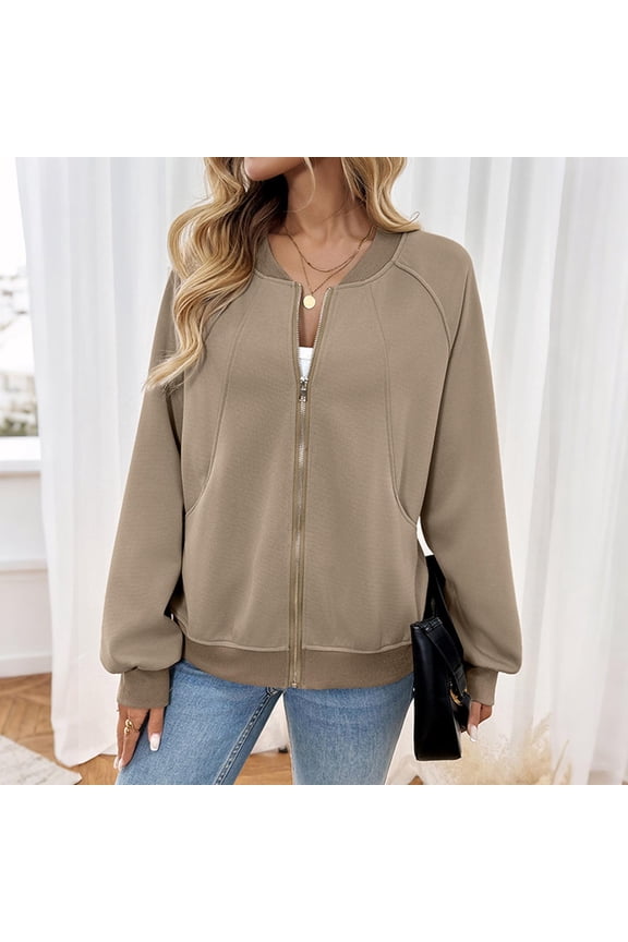 Women's Zip Up Bomber Jackets Warm Long Sleeve Loose Fit Shacket Casual Contrast Trim Outerwear With Pockets