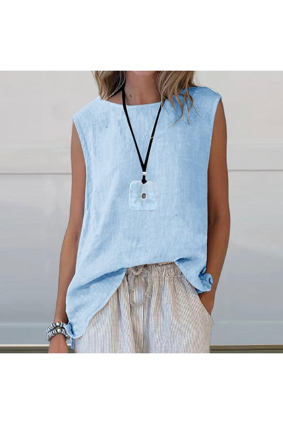Womens 100% Linen Casual Cap Sleeve Tops Basic Summer Loose Fit Blouse