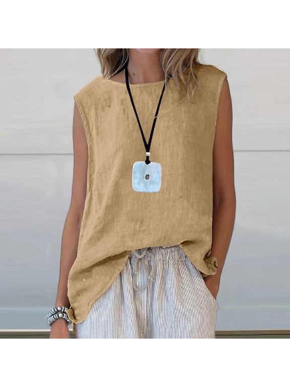 Womens 100% Linen Casual Sleeveless Tops Basic Summer Loose Fit Blouse