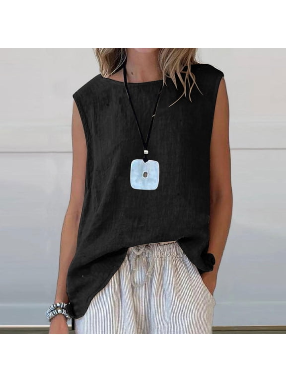 Womens 100% Linen Casual Sleeveless Tops Basic Summer Loose Fit Blouse