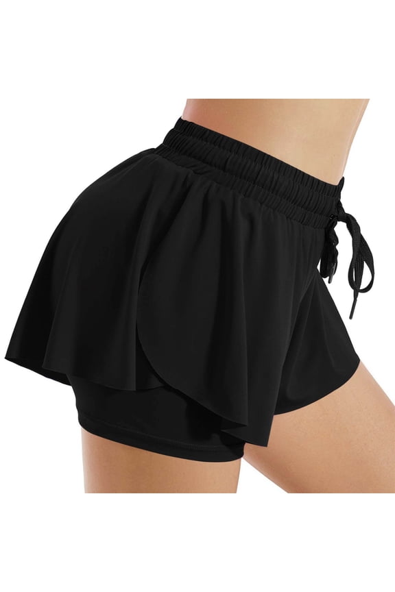 Womens 2-in-1 Flowy Running Shorts Elastic Waist Drawstring Double Layer Athletic Shorts