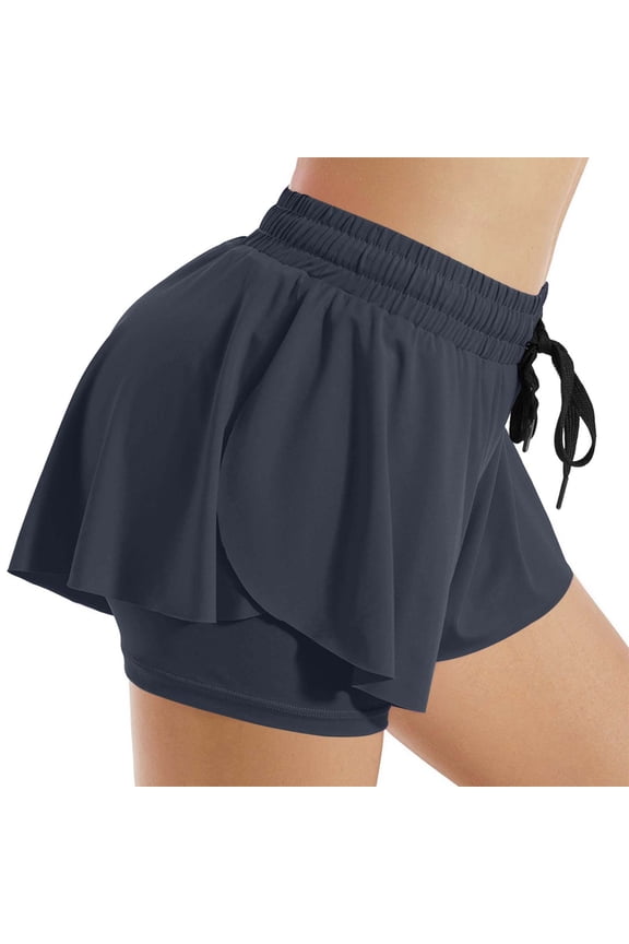 Womens 2-in-1 Flowy Running Shorts Elastic Waist Drawstring Double Layer Athletic Shorts