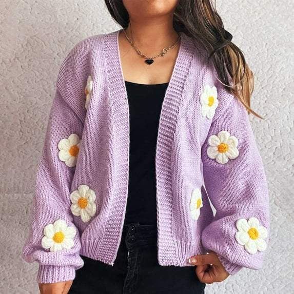 Karight Womens 2025 Cardigan Sweaters Fall Oversized Chunky 3D Flower Open Front Knit Cardigans Trendy