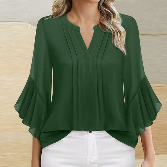 Karight Womens 3/4 Length Sleeve Tops Dressy Casual Business Blouses Ruffle Work Shirts Summer Outfits