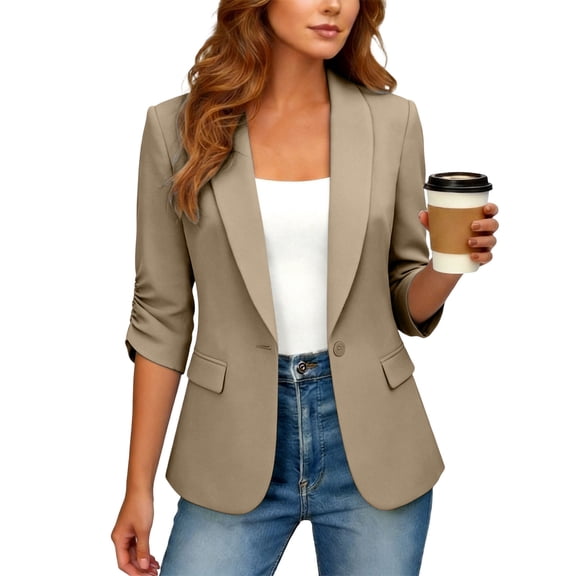 Karight Womens 3/4 Ruched Sleeve Blazer Open Front Work Office Jacket with Pockets Casual Lightweight Cardigan Blazer