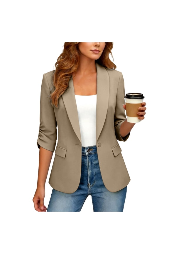 Womens 3/4 Ruched Sleeve Blazer Open Front Work Office Jacket with Pockets Casual Lightweight Cardigan Blazer