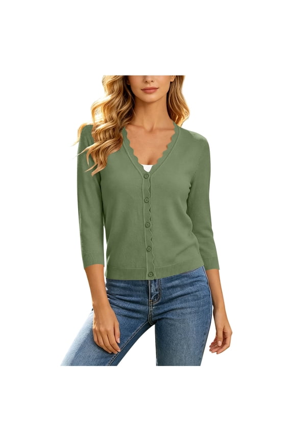 Womens 3/4 Sleeve Scalloped Cardigan V Neck Button Down Lightweight Knit Sweater with Scallop Trim