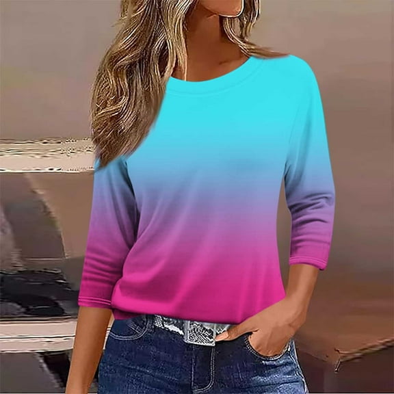 Karight Womens 3/4 Sleeve Tops Crewneck Summer Solid Casual Tee Shirts Floral Printed Blouse Loose Dressy Tunic