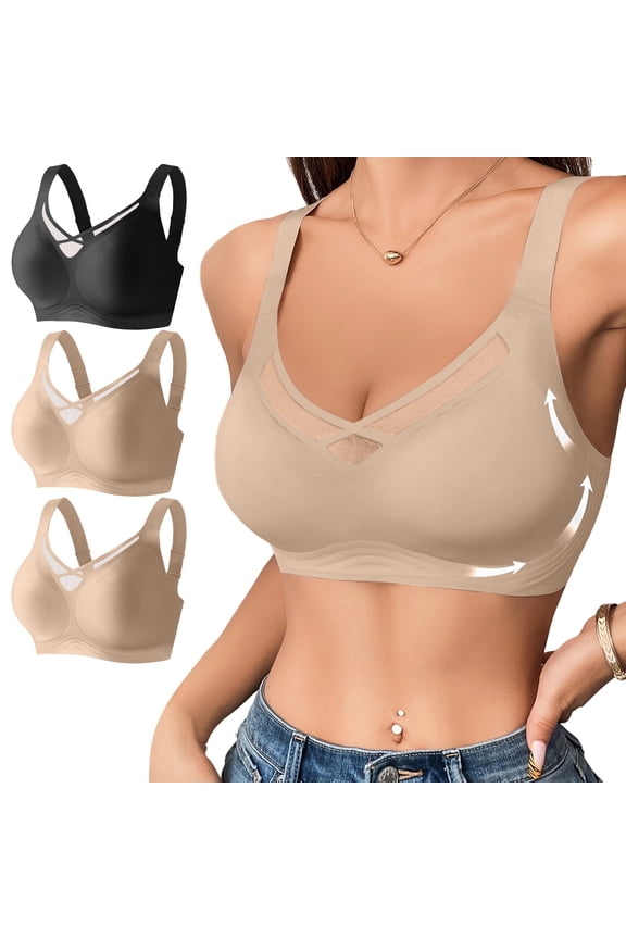 Womens 3-Pack Seamless Wireless Bra with Mesh Panel Support Adjustable Straps Comfortable Everyday Bras