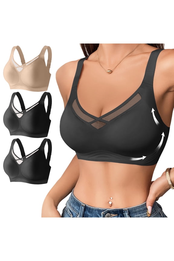 Womens 3-Pack Seamless Wireless Bra with Mesh Panel Support Adjustable Straps Comfortable Everyday Bras