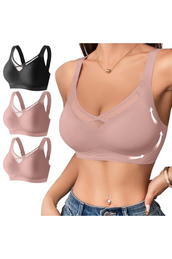 Womens 3-Pack Seamless Wireless Bra with Mesh Panel Support Adjustable Straps Comfortable Everyday Bras