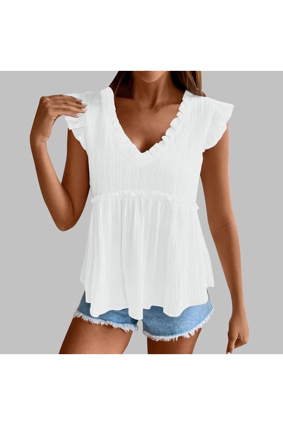 Womens Babydoll Tank Tops V Neck Ruffle Sleeve Pleated Peplum Shirts Summer Casual Boho Flutter Flowy Tank Tops