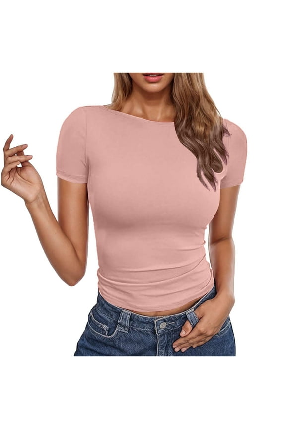 Womens Basic Short Sleeve Crew Neck T Shirt Slim Fit Tees Summer 2025 Y2k Going Out Fitted Top Cute Tight Shirts