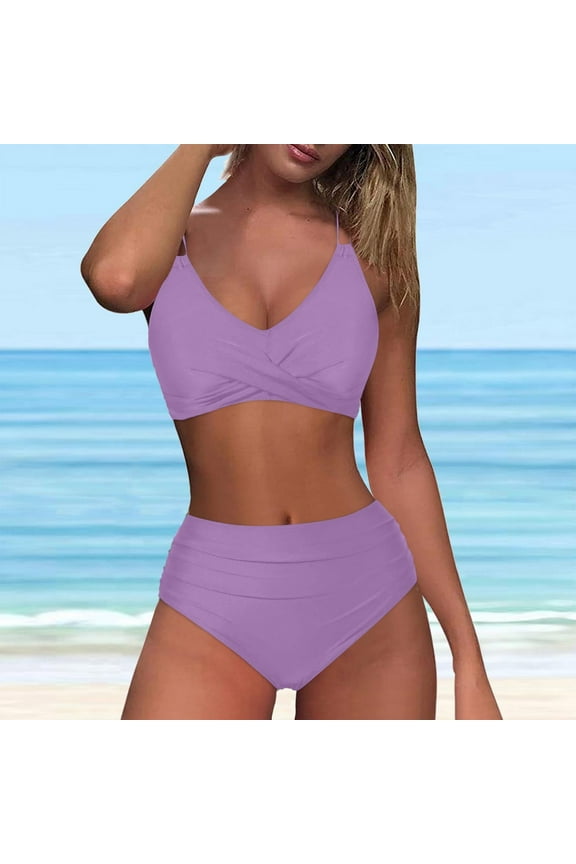 Womens Bathing Suits Modest High Waisted Bikini Sets Cute 2 Piece Swim Suit Spaghetti Strap Ruched Swimsuits