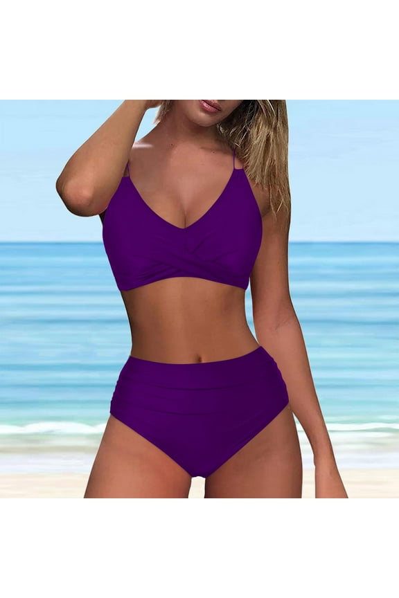Womens Bathing Suits Modest High Waisted Bikini Sets Cute 2 Piece Swim Suit Spaghetti Strap Ruched Swimsuits