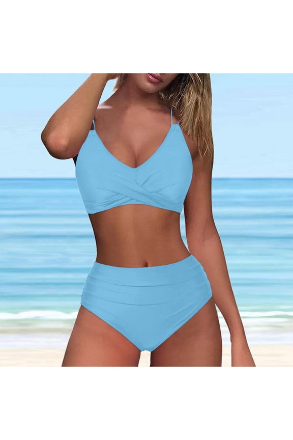 Womens Bathing Suits Modest High Waisted Bikini Sets Cute 2 Piece Swim Suit Spaghetti Strap Ruched Swimsuits