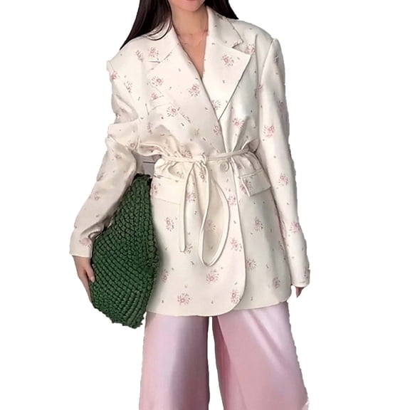 Karight Womens Belted Casual Blazer Long Sleeve Open Front Floral Binding Suit Jackets Dressy Blouse Tops