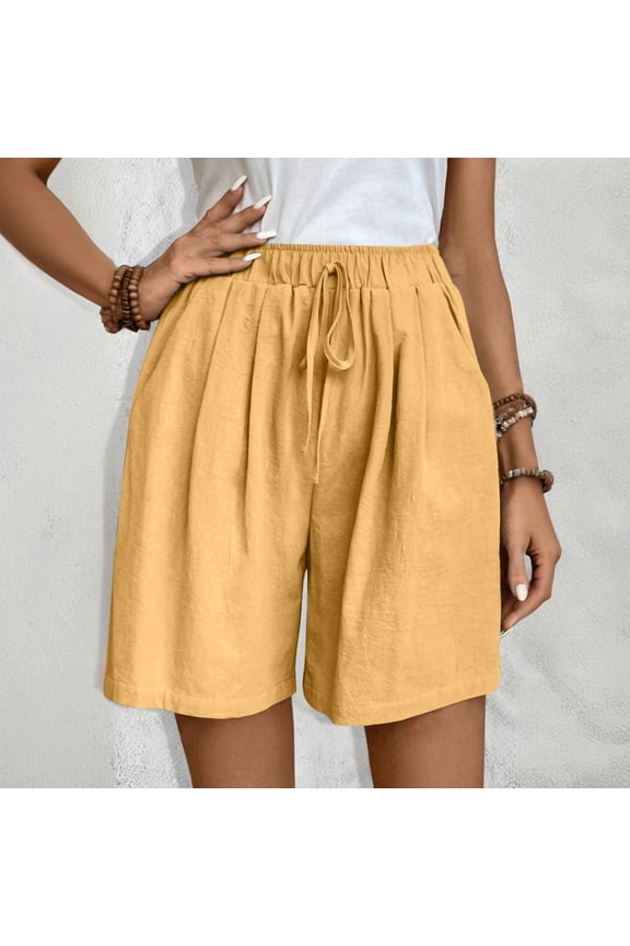 Womens Bermuda Shorts Pull-on Retro Ruched Front Casual Baggy Cotton Linen Lightweight Straight Crop Pants Pocket