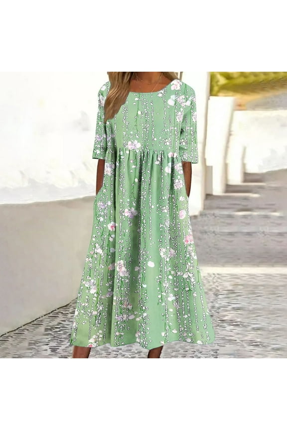 Womens Boho Floral Flowy Midi Dresses Casual Loose Summer Short Sleeve Beach Dress with Pockets