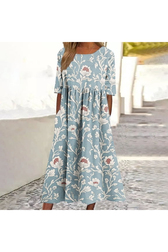 Womens Boho Floral Flowy Midi Dresses Casual Loose Summer Short Sleeve Beach Dress with Pockets