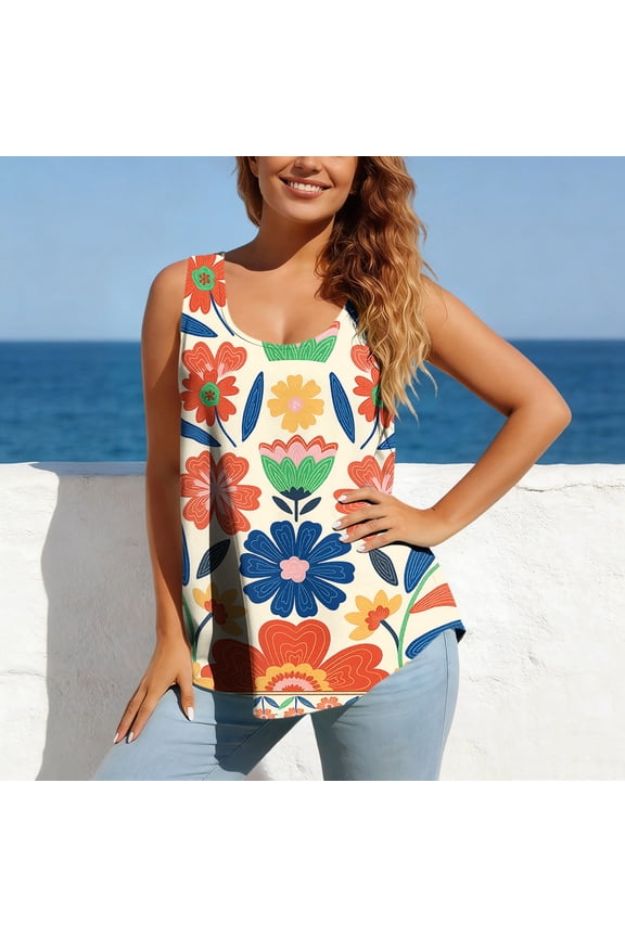 Womens Boho Floral Print Sleeveless Top Flowy Casual Summer Tank Tops