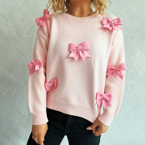 Karight Womens Bow Crew Neck Pullover Sweaters Oversized Loose Casual Long Sleeve Classic Crew Neck Pullover Sweater Tops