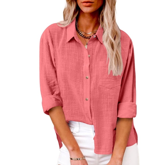 Karight Womens Button Down Shirts Cotton Linen Dress Shirt Long Sleeve Oversized Boyfriend Solid Tunic Tops with Pockets