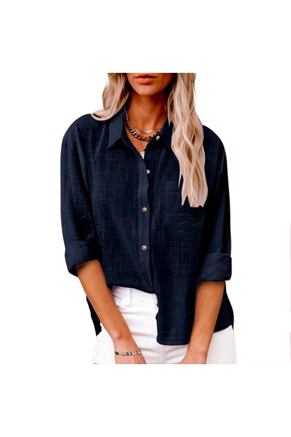Womens Button Down Shirts Cotton Linen Dress Shirt Long Sleeve Oversized Boyfriend Solid Tunic Tops with Pockets