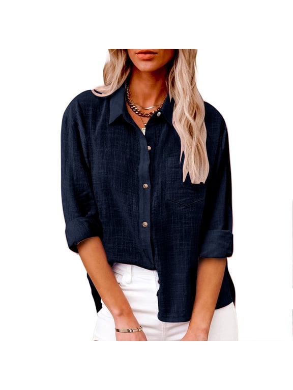 Womens Button Down Shirts Cotton Linen Dress Shirt Long Sleeve Oversized Boyfriend Solid Tunic Tops with Pockets